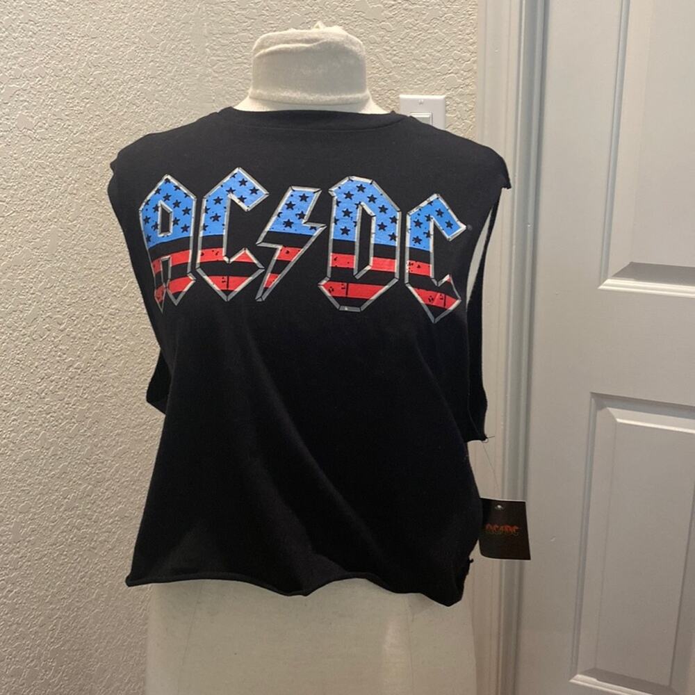 AC/DC Women’s Graphic Crop Tank Top w/ Raw Cut Off Sleeves NWT Sz Lg Cotton Rock